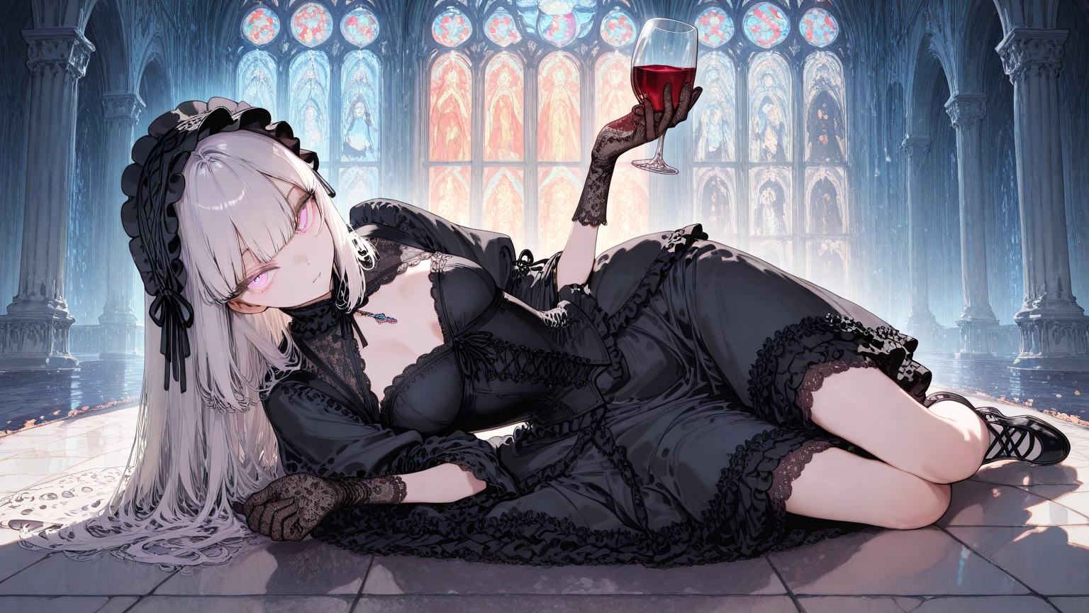 1girl, vampire girl, white blonde hair, hair between eyes, fangs, jewelry, hairclip, ear piercing, choker, necklace, eyeliner, gothic, playful winking expression, bandaid on face, holding ornate red wine glass, looking at viewer, playful pose, skin detail, freckles, blush, star eyes, lacy black top shirt, ruffle black skirt, thigh high socks with lace detail, playful atmosphere, dark red roses,