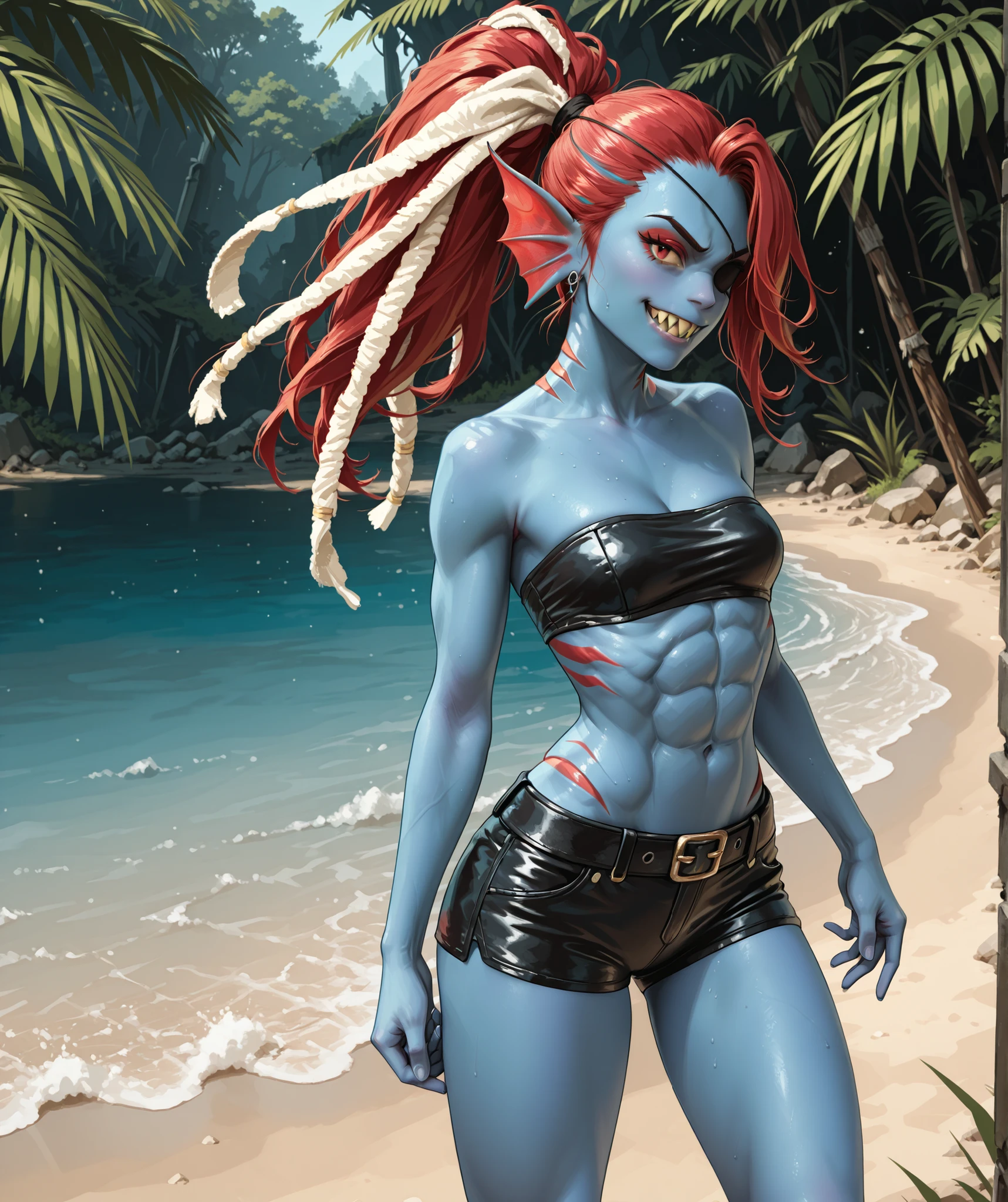 Slender body. Blue skin. Cute 18-year-old Indonesian Undyne (from Undertale) with big Asian red eyes and unnaturally sharp teeth and dreadlocks (white and red hair) and red gills. Sharp and pointy teeth. She has a cute and beautiful face. She has a round and young face with a pointy chin. Her body is athletic with abs. She wears a black leather hotpants and black leather bandeau. She has no eyepatch. Background: medieval jungle ruins. Realistic lighting. DnD art-style. fake box art, semi-realistic, Looking at the viewer. 