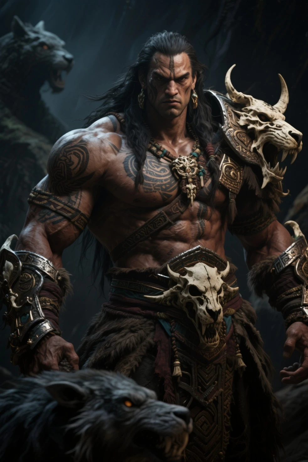A man in costume、Close-up of man wearing large headdress, Revelation, movie still of aztec cyborg, mayan jaguar warrior, scene from live action , wearing tribal armor, mexican warrior, still from a live action movie, Mohawk, an aztec warrior, an an aztec warrior, an aztec warrior, still from a fantasy movie, Movie screen shot,