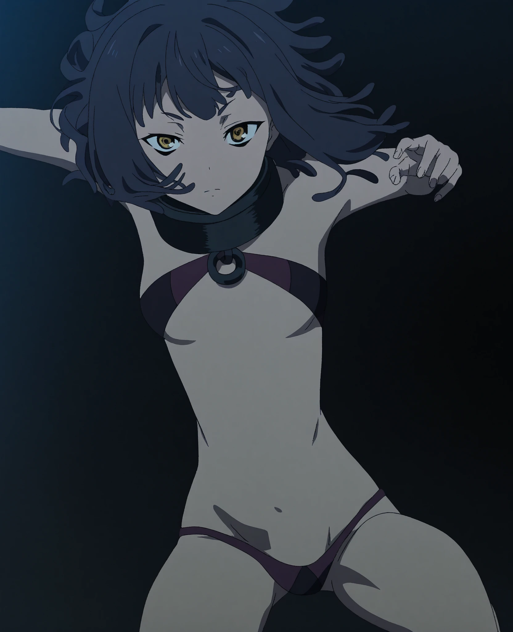(honjou raita, mahou shoujo /(raita/)), 1girl, solo, 10yo, official art, blue hair, hair over one eye, small breast, shiny skin, groin, bikini, open shirt, side tie, necklace, bracelet, standing, side view, sideways glance, half closed eyes, contrapposto, crossed arms, shy, nervous sweating, closed mouth, mesugaki, blush, vulgarity, white background, simple background, peace sign, netorare, nsfw