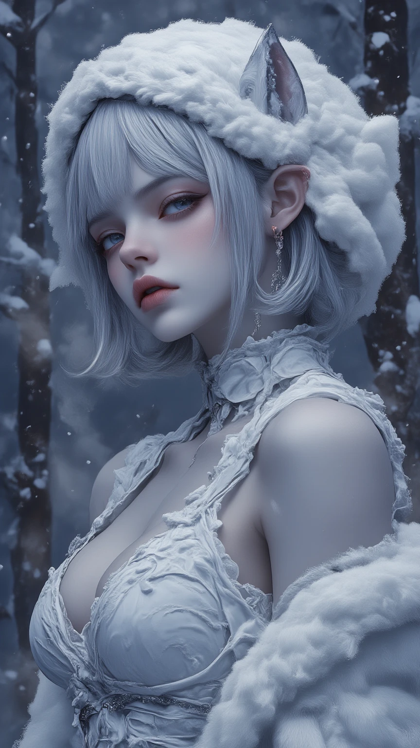 female in the ice crystal, the body, sun light, shaved open pubis, haircut white hairs, a lot of snowflakes, in the snow ice crystalls, super detailed, anatomically correct, masterpiece composition, , face perfect cute woman sweet beautifull, wearing white fur cloak, thick white vapor fog smoke clouds wind, white skin, bright pink blush,  front view, fullbody, snowflakes crown, wearing crystal white latex transparent