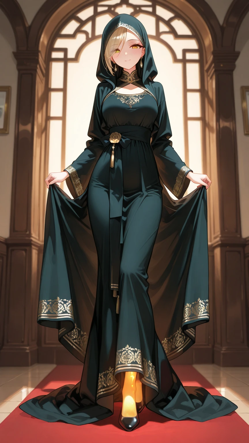 Best quality, high resolution, Masterpiece: 1.3, Beautiful hijabi girl with niqab and veil, Wearing satin abaya and leather armor, Masterpiece, Mysterious allure, Realistic, 1girl, Elegant demeanor, Charming eyes, hidden smile, profound gaze, Detailed abaya, Shimmering satin fabric, Delicate embroidery, Protective leather armor, Metallic sheen, Intricate patterns, Suspended belts, Sharp edges, Strapped sandals, Glowing aura, Serene expression, Dramatic lighting, Ethereal surroundings, Desert theme, Golden dunes, Sunset