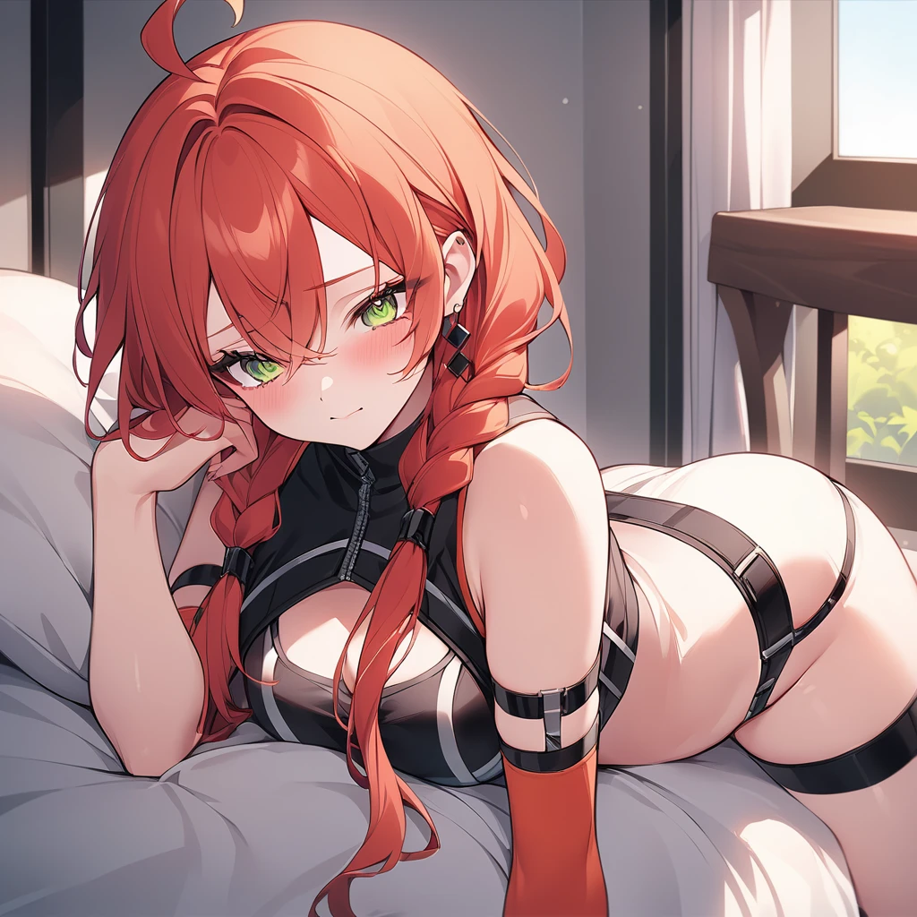 1girl, solo, long hair, looking at viewer, smile, bangs, thighhighs, navel, hair between eyes, twintails, sitting, closed mouth, underwear, ahoge, red hair, fang, black thighhighs, flat chest, orange eyes