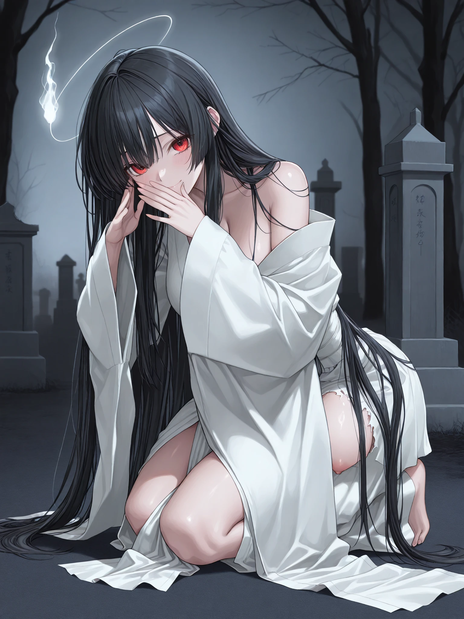 ((A long shot)) of a black-haired anime teen girl, ((sitting in a bloody river)), ((strong moonlight)), cinematic light, slim body, skin is perfectly healthy, soft, and smooth, Extremely delicate and beautiful CG illustration, best quality, high resolution, dynamic angle, full-length lens, (1 girl), floating, (soft light, high-key lighting), glowing light, blue halo, feathers fluttering background, blue crystal, ((very cinematic)), (((blood covered in her entire body))), ((half naked)), ((torn clothes))