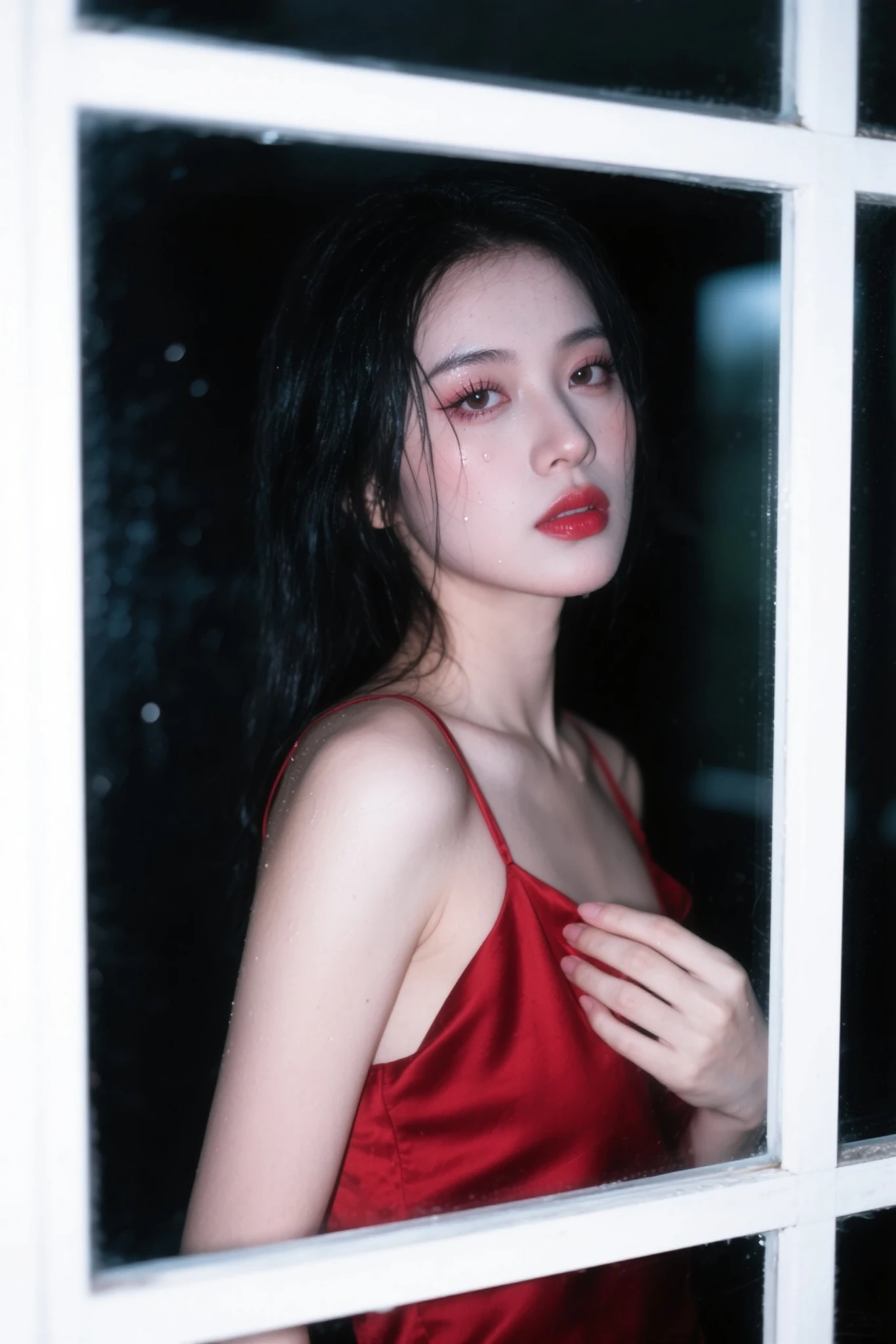 Moaning in pain, feeling pain, tears flowing, sore, crying in pain, bust botox, sleeping beauty lying on her back, wet skin and hair, hard breasts, messy hair, long straight hair,. (red shirt, bare lower body, torn, middle chest torn shirt, no panties, shirt covered Live ass), asian youth, perfect body, open (perfect body, small ke), fashion photorealism, high definition sysie details, photography, sharpness, unique 850 4, koda850 k portrait camera, f1.6 lens, rich color, hyperrealistic texture, spectacular light texture, surreal art, Cinestil 800 fashion mechanism, frightened and crying, covered in tears, obeying pain, moaning in pain, grimaces of pain