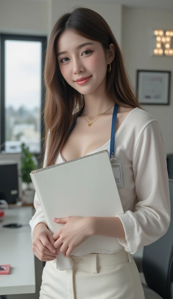 1girl,big breast, brown hair, brown eyes,high quality, ultra detailed, masterpiece, realistic, teacher clothes ,pen