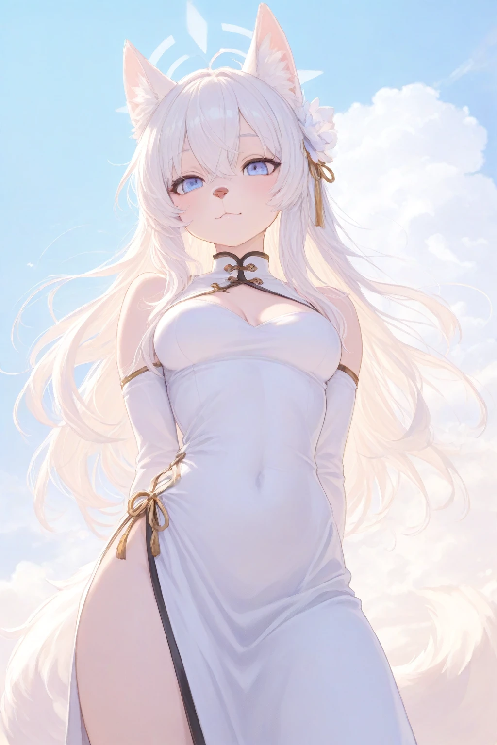 beach，Look up，Long white hair，full bodyesbian, Electrical properties