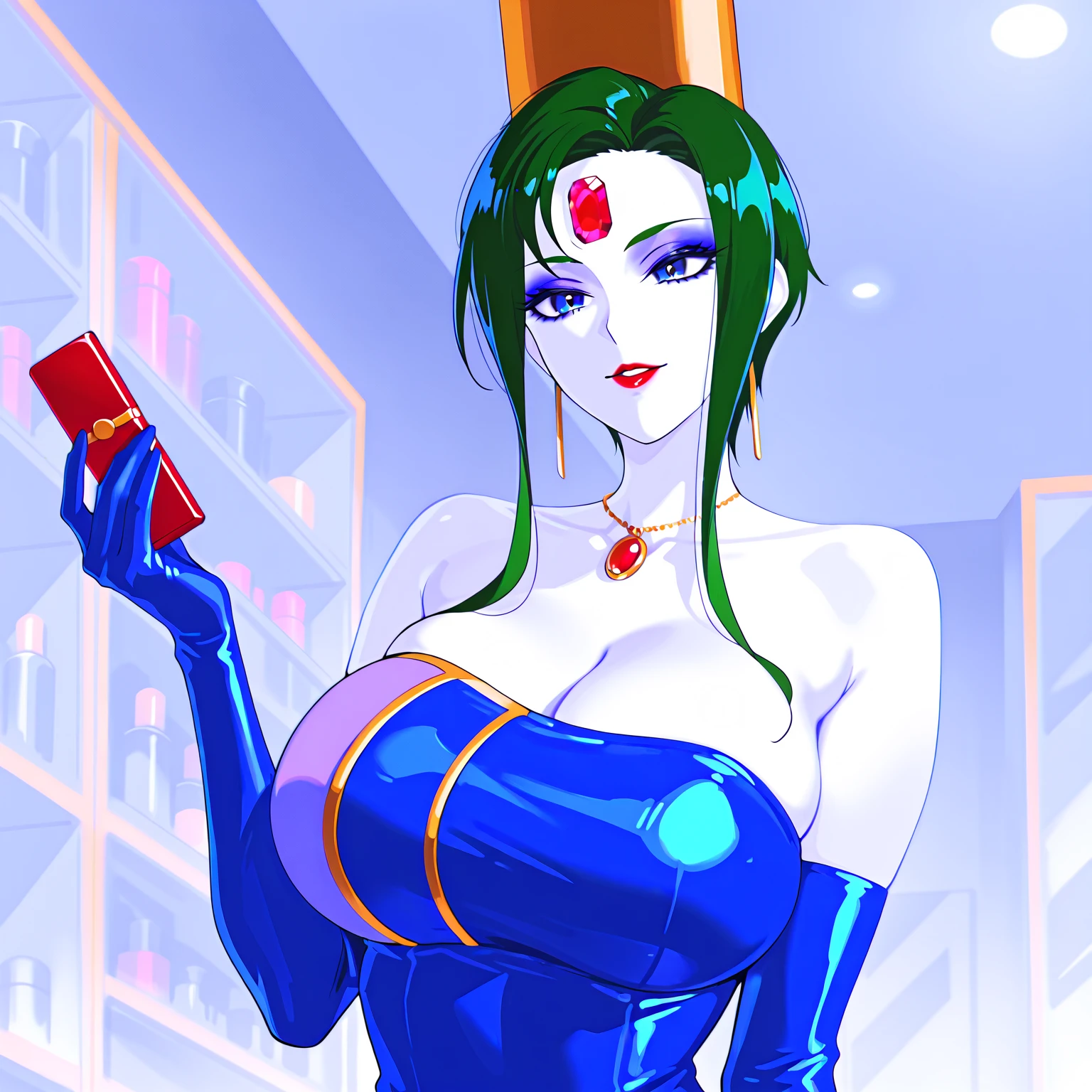 (masterpiece,best quality,ultra-delicate,Perfect Face,16k,high resolution,very beautiful woman), Atsugessho:1.3,  upper body shot,deep green hair,blue latex bodycon dress, long latex gloves, green tights, (huge breasts), gold headpiece, pale blue skin, red gem on forehead, pink mist, ((cosmetics counter)), holding large red ball on rope, necklace, smirk, (extremely glossy)