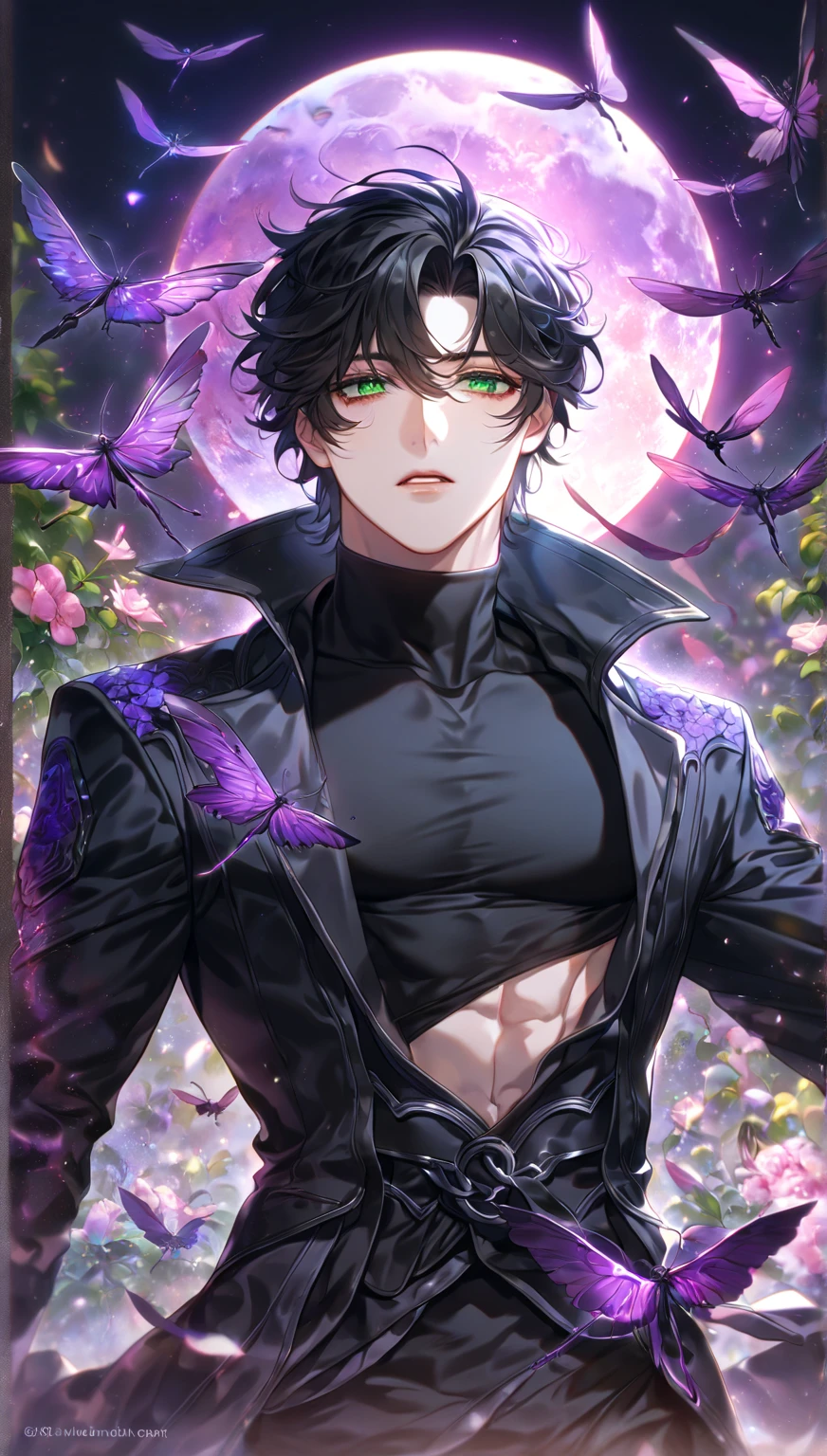 absurdres, highres, ultra detailed, HDR, master piece, Diarmuid ua duibhne, black hair, expressive yellow eyes, black clothes, black pants, Fate Grand Order, sexy man, handsome, best quality, purple glittering crescent moon, purple flowers, fantasy, magical, solo, water, purple shining fireflies, purple petals, sensual, close up, purple fire, manly man, horny,
