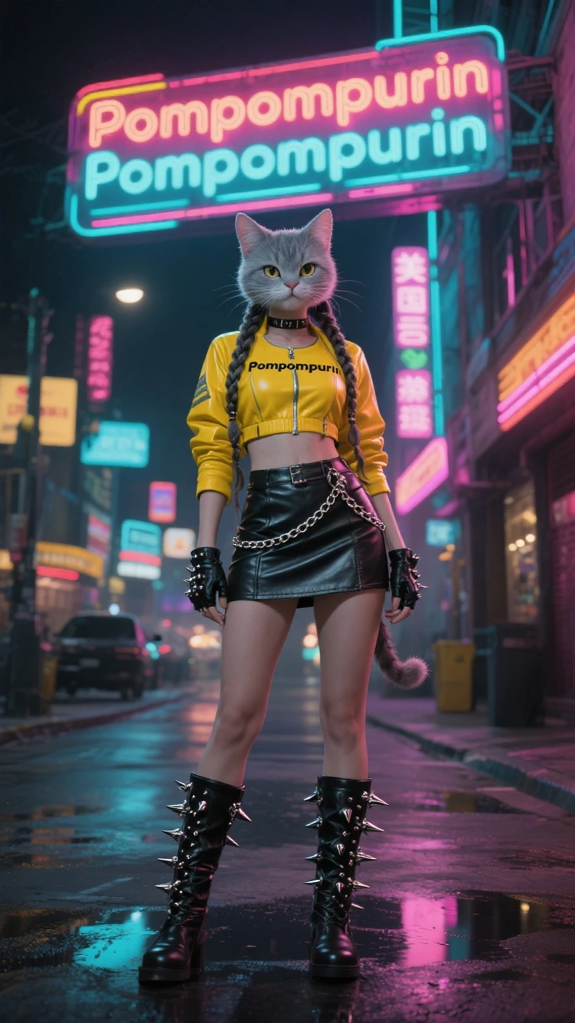 (((berrypunk))), beautiful woman tall boots, (((fluffy cat and coffee))), vibrant manga realistic anime style, beautiful pose, Cyberpunk