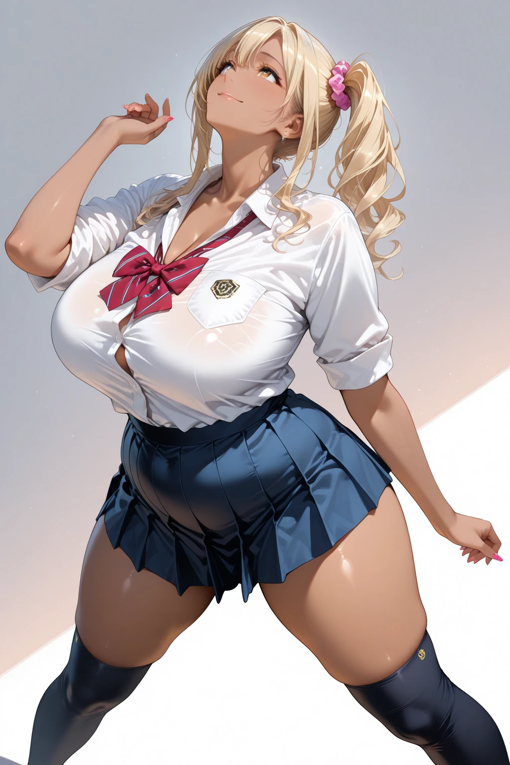 full-body shot, gorgeous woman, blonde, pink tartan short skirt, knee high white socks, button up shirt, midriff, pigtails, cleavage, bow tie, boots, high slit skirt, bubblegum
