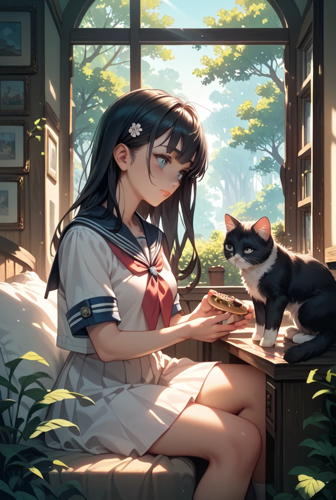 Adjusting lines and colors, illustration of pale shades of pencil and ink, woman sleeping with cat, carp swimming in the back, butterflies dancing, anime-style illustration, uniform, white shirt, blue ribbon, blue skirt, dark blue hair, white skin, sleeping, bob cut, all wrapped in water