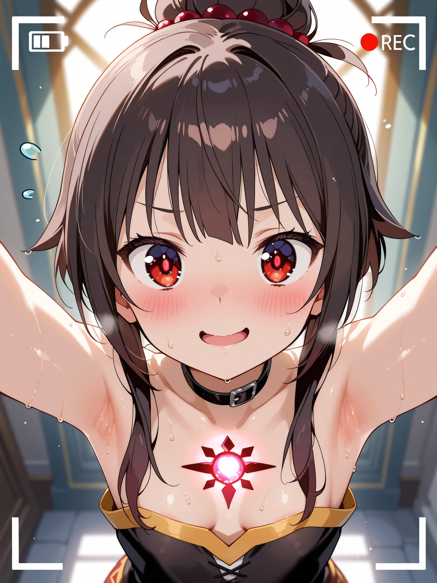 alone, One person, Yunyun, (Mouth open)、 (blush:1.2)、Crown braids of the same color as your hair, (Glowing red eyes:1.8)、(eyes shine red:1.8)、hair ornaments, Hair Ribbon, Shirtless with breasts and nipples visible、Pink Skirt,  Kneeling on the bed、Sweat a lot、(Eyes glowing red in the darkness:1.8)