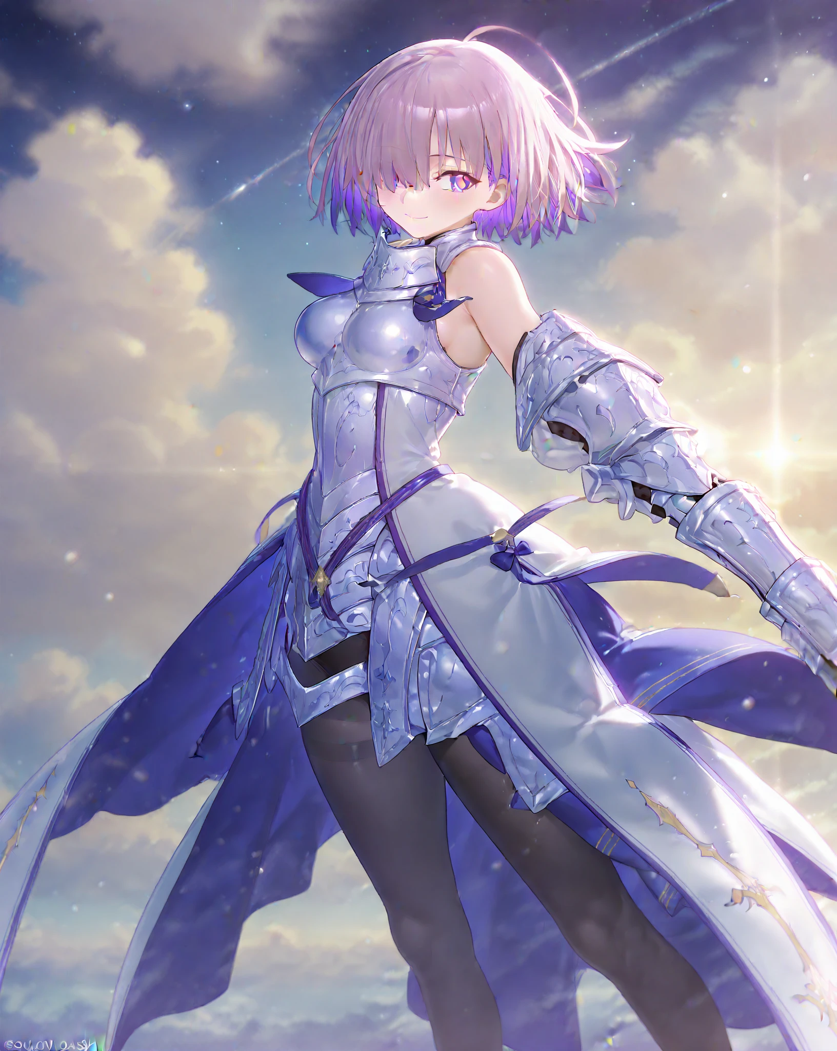 "A beautiful girl with short lilac hair who wears mechanical body parts, with shimmering yellow eyes, in a detailed scene with the best quality and lighting, floating in an ethereal environment, shrouded in a mysterious aura."