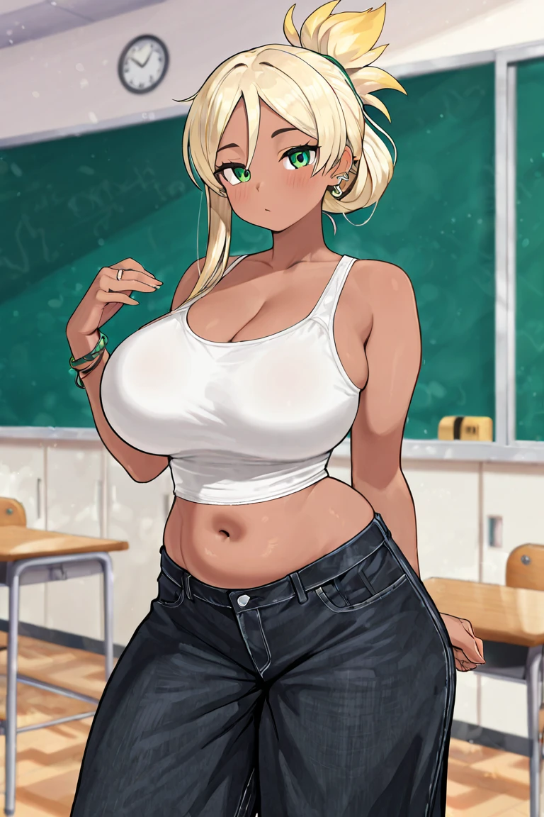 (masterpiece:1.2, Highest quality), 1 Female, alone, , classroom, Day, sit, blonde, Red eyes, Open Collaboration, light Dark Skin, (Open chest:1.1),