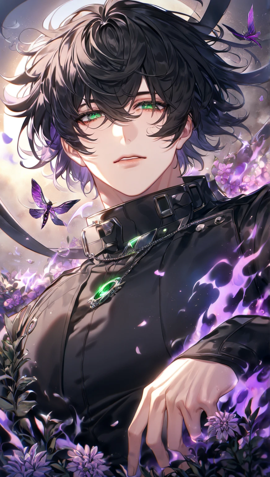 A card border UI,Modern urban minimalist style,Suspense style,Character profiles。Leave a square blank space in the middle,There is a ruby under the bezel。Parchment backing,There are blood stains on it。Black and White、yellowish、Lilac main color。