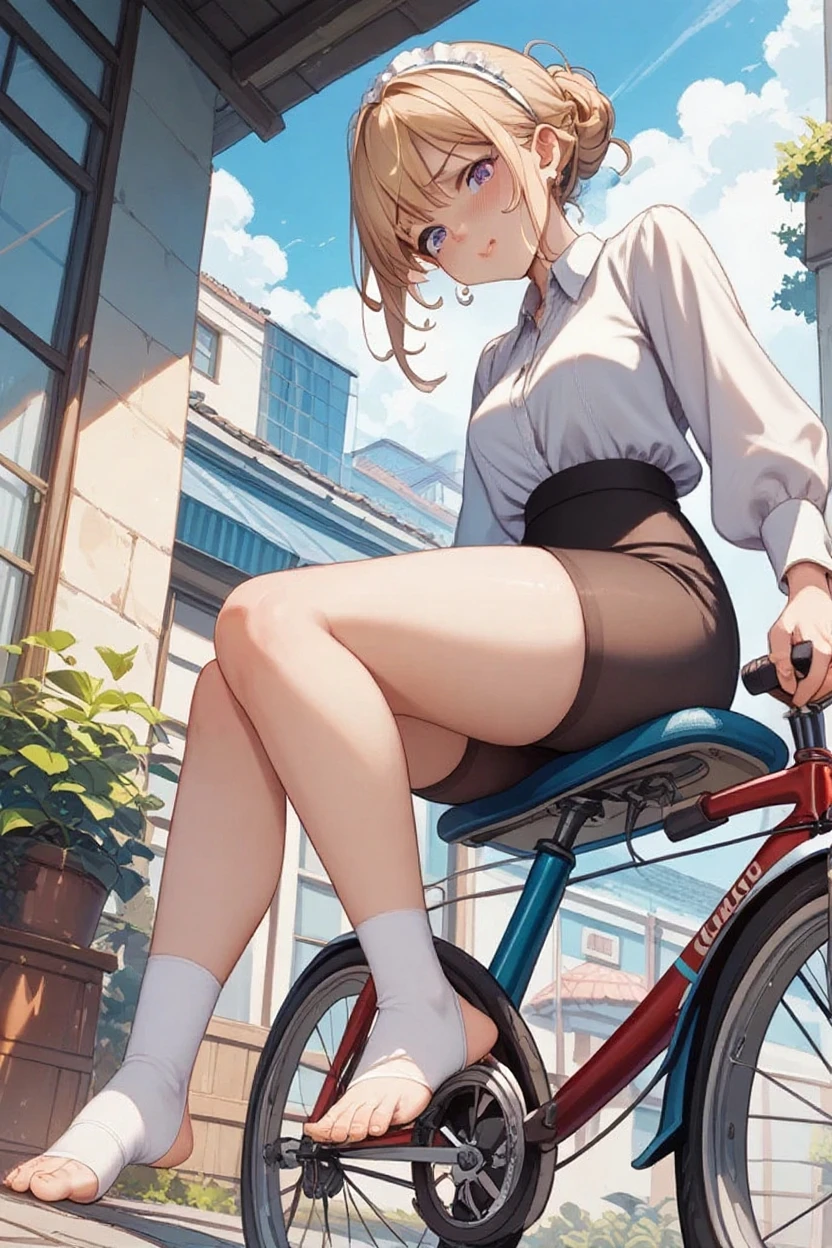 (In 8K, Ultra-high resolution, Best Quality, Masterpiece:1.2), (Realistic illustrations), (Highly Detailed CG Unity 8K Wallpaper), Relaxed girl listening to music with headset, smile, Detailed teeth, はにかんだsmile, Nostalgic vintage style animation, 80s city night view, bike