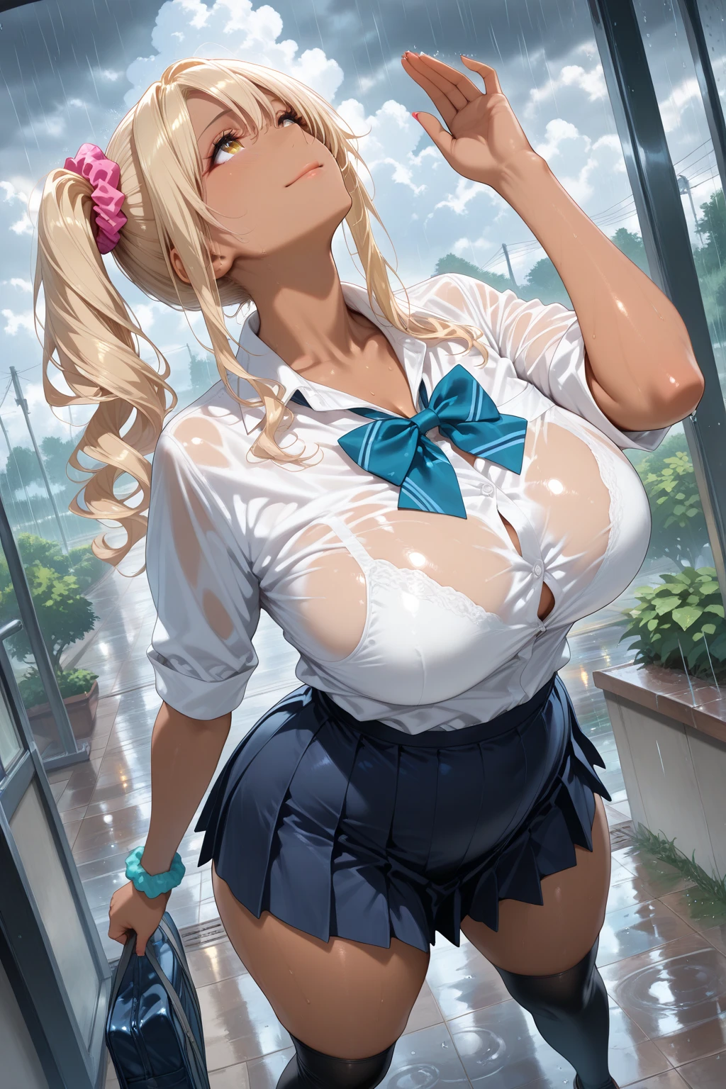 A woman with big ，Gorgeous woman，Mature，((ahegao))，Beautiful Wife，Long blond hair，Exquisite，Transparent shirt，Pleated Skirt，Slim waist，Showing belly，Smooth legs，blush，swimming pool，Colorful flowers，