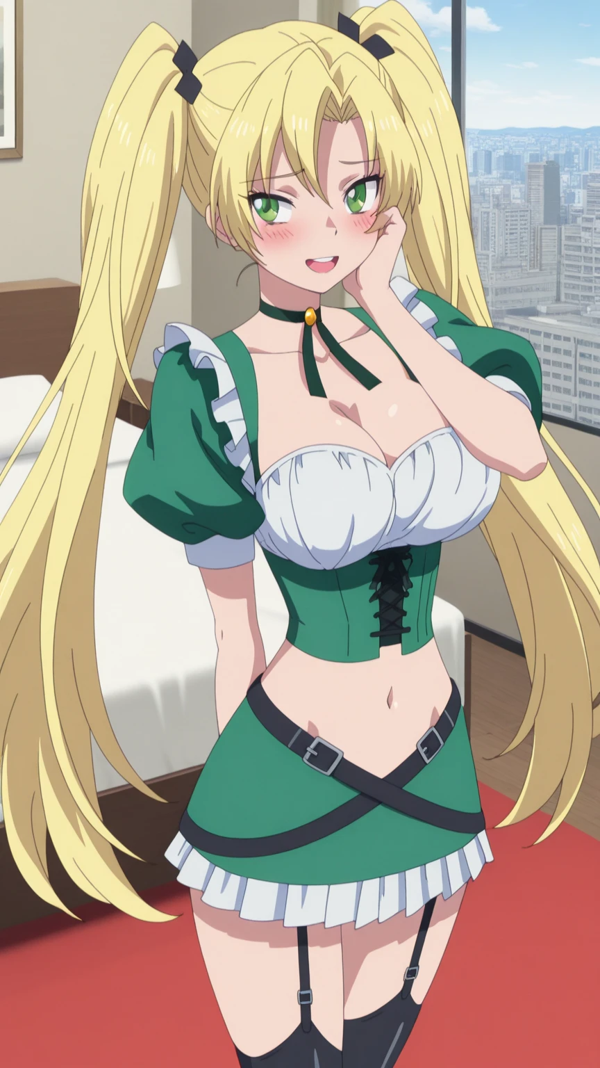 In the dimly lit room, a curvy anime girl with long, wavy blonde hair sat alone on a worn-out couch. Her denim skirt had been torn at the thighs, revealing her toned legs clad in torn black pantyhose. The top half of her green jacket was open, revealing her ample, simplistically-drawn cleavage, and her blue eyes sparkled mischievously as she looked directly at the viewer with a seductive smirk. Her bare shoulders peeked out from underneath the torn sleeves, and her earrings dangled from the piercings in her ears. With a playful expression, she bit her lower lip, her simple background