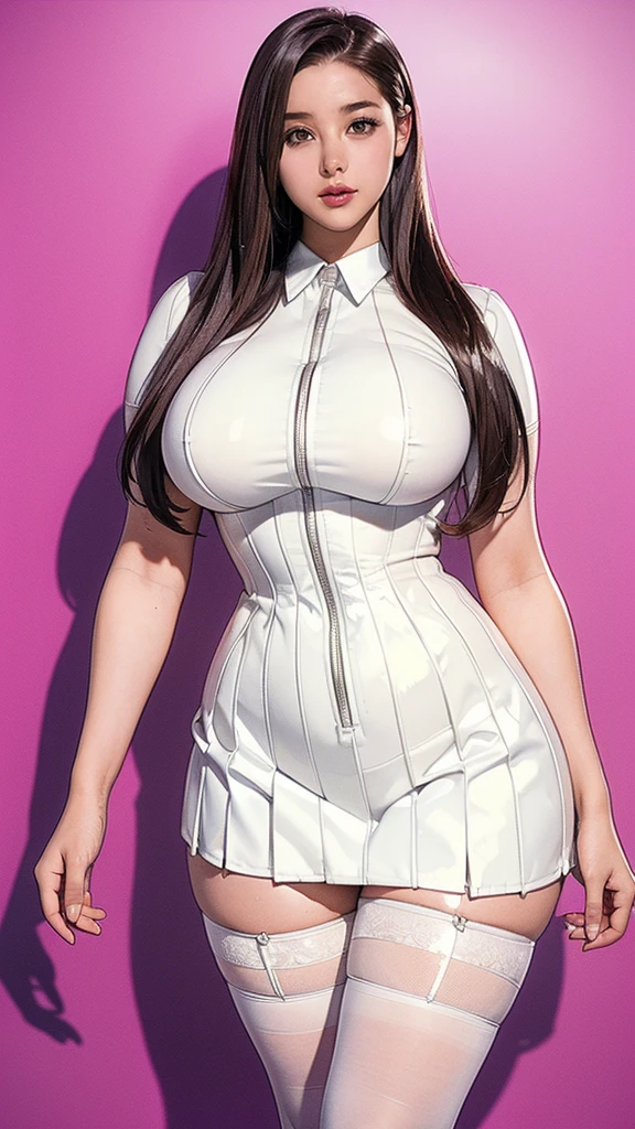 (masterpiece, highest quality, ultra high res, ultra detailed:1.3), 1 cute girl, ideal ratio body proportions, big breast, slender, full body, red long hair, low ponytail, (bangs covered both eyes completely, hair over both eyes:1.4), white tight leather mini skirt, purple turtleneck shirt, (cleavage cutout:1.3), BREAK, white leather jacket, open jacket, white leather boots, standing,