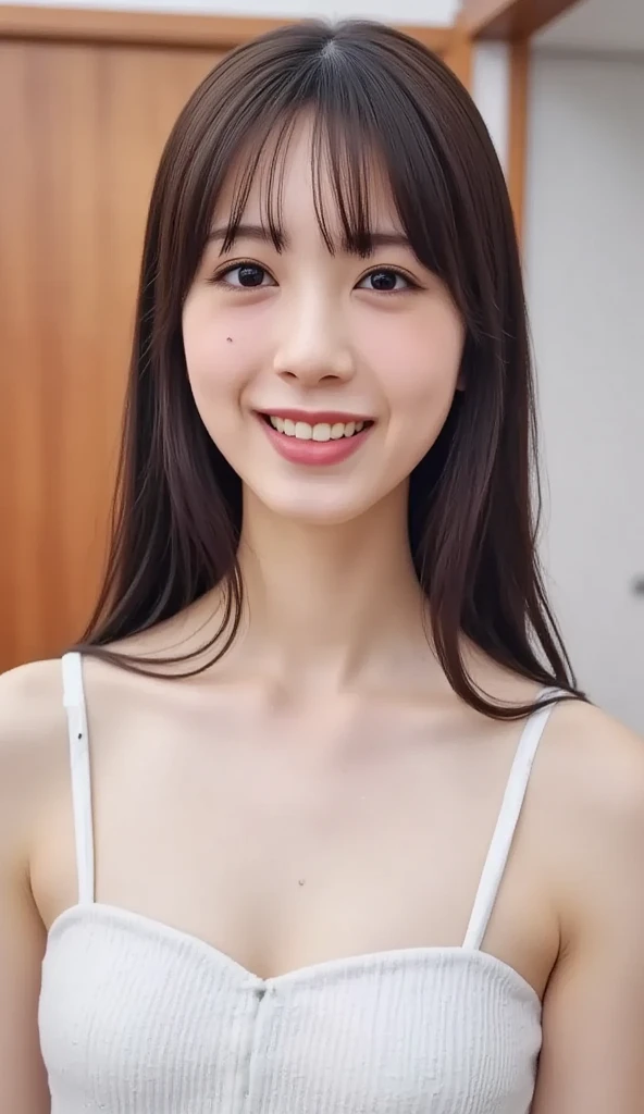 1 Japanese girl, (RAW Photos, highest quality), (Realistic, Realistic:1.4), Tabletop, Very delicate and beautiful, Very detailed, 8k wallpaper, wonderful, In detail, Very detailedなCG Unity, High resolution, Soft Light, Beautiful details 19 years old, Very detailedな目と顔, Beautiful and detailed nose, Beautiful details,Cinema Lighting,Perfect Anatomy,Slender body,smile  (Asymmetrical bangs), Beautiful illustrations, (Natural Side Lighting, Cinema Lighting), (Perfect Anatomy:1.4), Cute and symmetrical face, White skin, Shiny skin, (Casual Fashion)