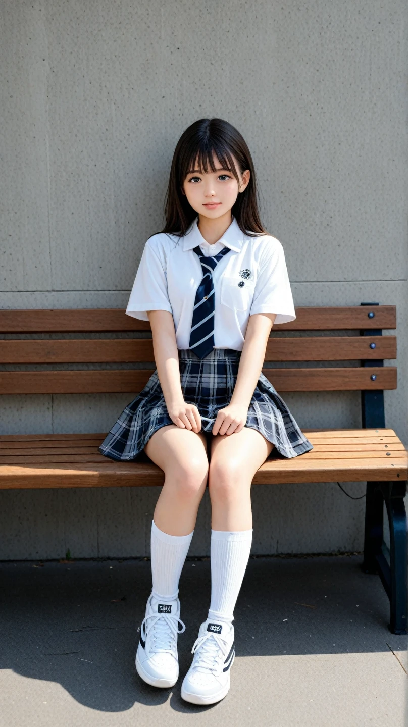 lens: 135mm f1.8,(Highest quality),(Tabletop:1.1), (Beautiful 16 year old Japanese girl), (Moist lips), Narrow eyes, double eyelid,Delicate clavicle,Flat Chest,Shortcuts,
(Let me'Let's take another look), (close:1.4), shame, A faint smile,
(Spotted sunlight:1.2), Dramatic lighting,
(Taking off school uniform), (Sunburned skin:0.2),Full body photo、Full Body Focus、Sitting on the floor with legs apart