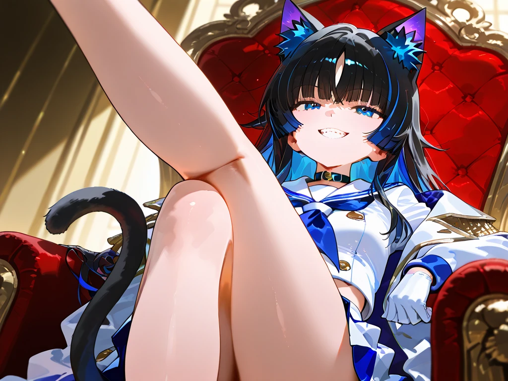 Score_9, Score_8_up, Score_7_up, Score_6_up, Score_5_up, Score_4_up, source_anime, anime style, karyl, animal ear fluff, animal ears, black hair, black ribbon, cat ears, cat girl, cat tail, green eyes, hair bow, long hair, low twintails, multicolored hair, purple bow, ribbon, skin fang, streaked hair, tail, twintails, vertical stripes, white hair, arm support, blue sleeves, bow, brooch, detached sleeves, dress, frilled sleeves, frills, multicolored clothes, multicolored dress, neck ribbon, sleeveless, sleeveless dress, striped,anime coloring, aged down, cute, horny, excited, aroused, heavy breathing, orgasm, cleft of venus, from behind, ((on side)), pussy juice, anal juice, embarrassed, torogao, dildo fellatio, closed eyes, wet dildo, holding dildo, masturbation