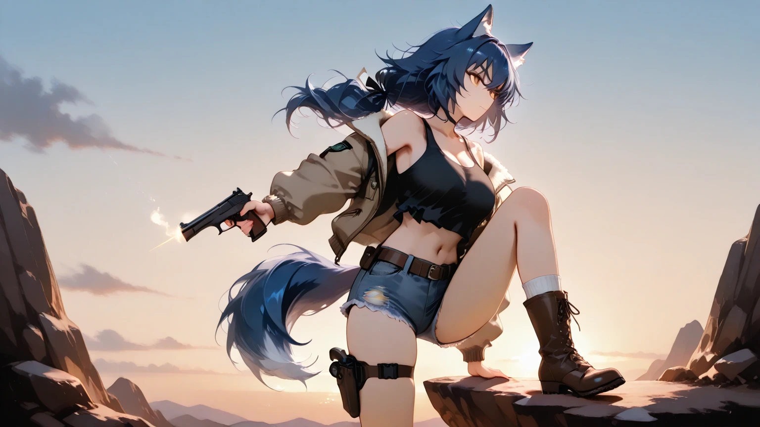 A girl with dark blue hair, cat ears and a tail, wearing a black bikini and racing pants　Loli body type　　Twin tails　　　　Flat Chest　Wearing a hoodie　Butt in detail　Holding an assault rifle
