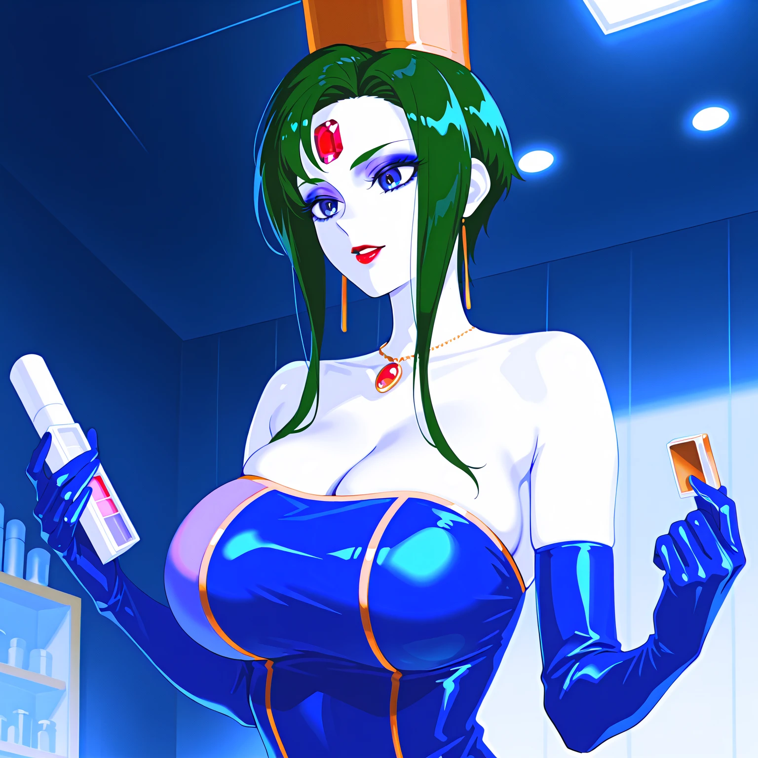 (masterpiece,best quality,ultra-delicate,Perfect Face,16k,high resolution,very beautiful woman), Atsugessho:1.3, upper body shot,deep green hair,blue latex bodycon dress, long latex gloves, green tights, (huge breasts), gold headpiece, pale blue skin, red gem on forehead, pink mist, ((cosmetics counter)), holding large red ball on rope, necklace, smirk, (extremely glossy)