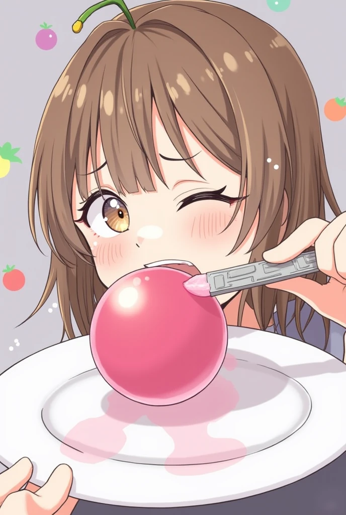 (highest quality, masterpiece, high resolution, high detail), Solo girl, Solo pealed banana, A female wearing school uniform is kissing at the top of a long banana with her tongue with her face down, Glossy atmosphere, Glossy look, Female (Brown hair semi-long, closing eye, Sweet sigh), Beautiful straight long hair, (Female kisses deeply the banana with tongue, covers it, holds it and looks at it), The lips touches the banana, (Shot from the side), (Deep in the night, nothing background)