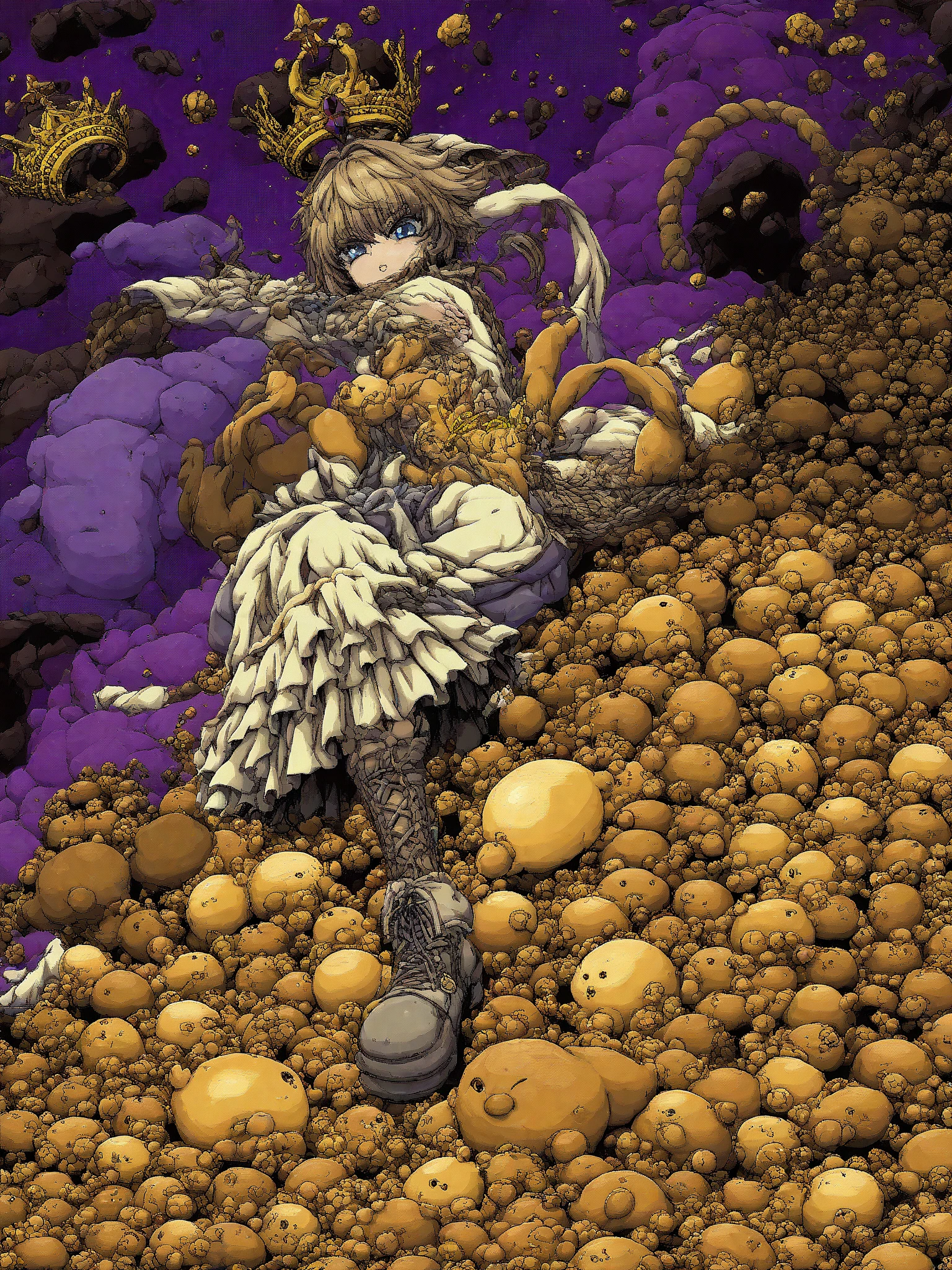 1 girl laying on the ground, restrained in a sticky and slimy cocoon, surrounded by plant life