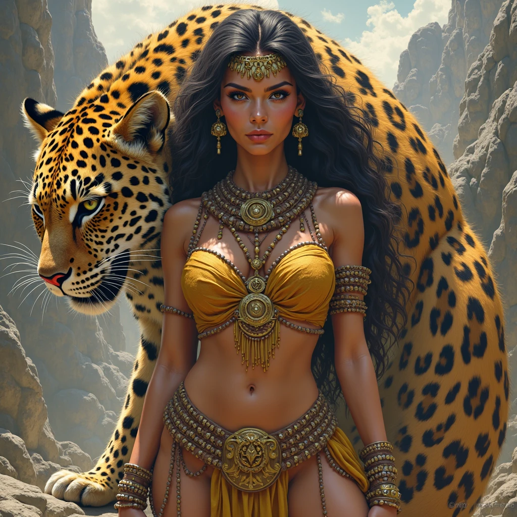 Arafed picture of a desert princess BREAK and her pet cougar in her palace high details, best quality, 16k, f a female human princess and her pet cougar, princess of the desert, full body, ((anatomically correct: 1.5)) ((standing: 1.5)) proudly royalty demeanor, a woman, (best detailed face: 1.5), Ultra Detailed face, wearing royal desert dress, decorated with gems, wearing princess tiara, small cleavage, thigh high intricate leather high heeled boot, thick hair, long hair, brown hair, tan skin intense brown eyes, her epic desert (cougar : 1.3) lying at her feet, guarding her, an epic fantasy desert palace in an oasis in the background (intricate details, Masterpiece, best quality: 1.5) night, moon light, stars ,Wide-Angle, award winning, best quality, high quality, high details, highres, vibrant, Ultra-high resolution, High Contrast, (masterpiece:1.5), highest quality, Best aesthetics, best details, best quality, highres, ultra wide angle, 16k, [ultra detailed], masterpiece, best quality, chumbasket art style, Cinematic Hollywood Film,