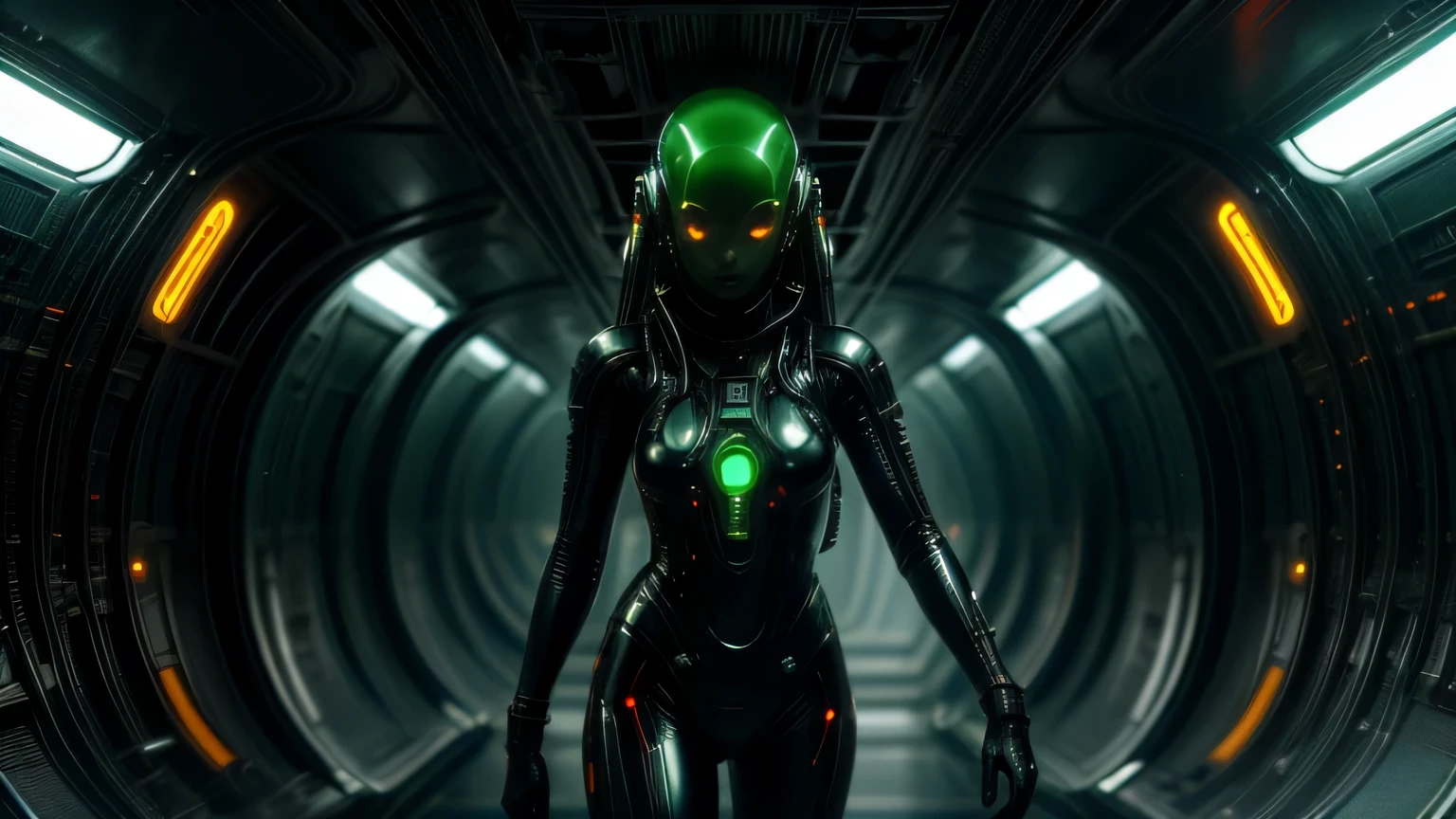 Cyberpunk art of one,Abonnieren,Cyberpunk-Stil,A female astronaut in a sleek futuristic space suit fires a high-tech energy weapon at an alien creature that has infiltrated the spaceship. The monstrous being is hit — bright green alien blood splashes from the wound, glowing against the dim, metallic corridors. Emergency red lights flash across the futuristic spaceship interior. The astronaut is fierce and focused, surrounded by sparks and shadows, as tension fills the sci-fi horror atmosphere. Hyper-detailed, cinematic lighting, ultra-quality, photorealistic, dark sci-fi concept art.