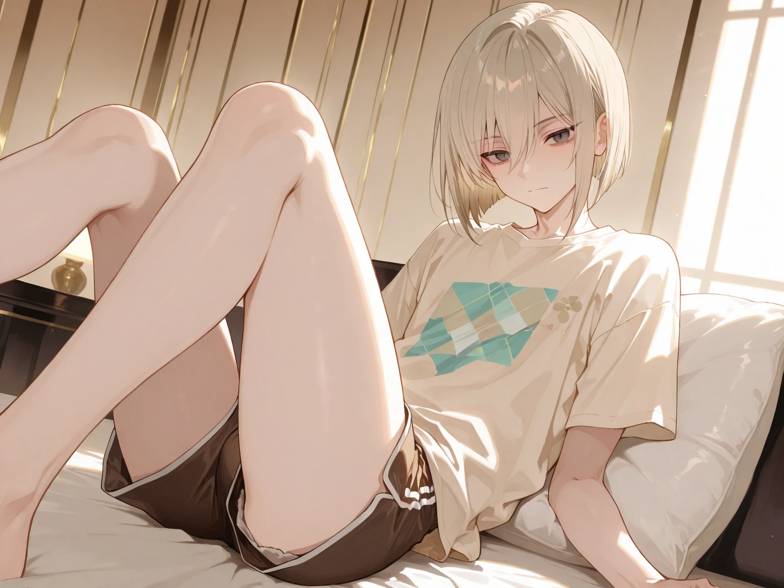 Look at me, a mature woman sitting on a futon, short blonde curly hair, necklace, miniskirt, sleeveless T-shirt, lawn, masterpiece, high quality, high definition,