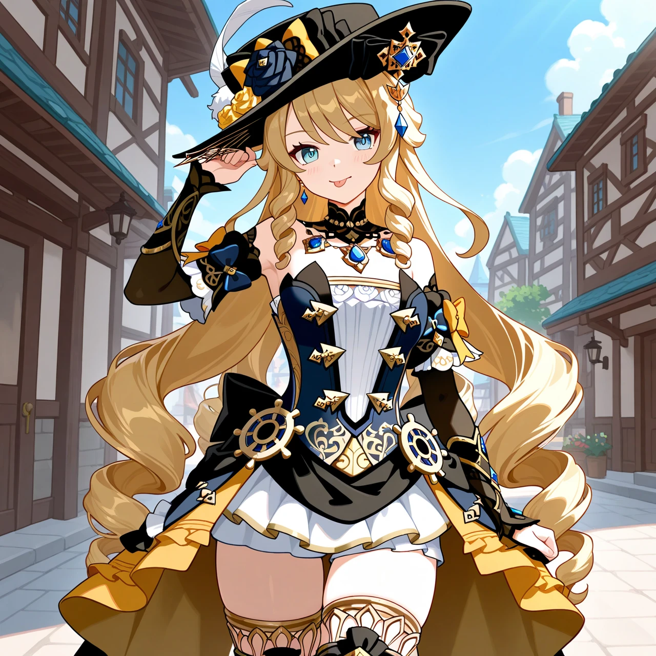 1girl, navia \(genshin impact\), genshin impact,cool spy,city street,masterpiece,very aesthetic,newest,sensitive