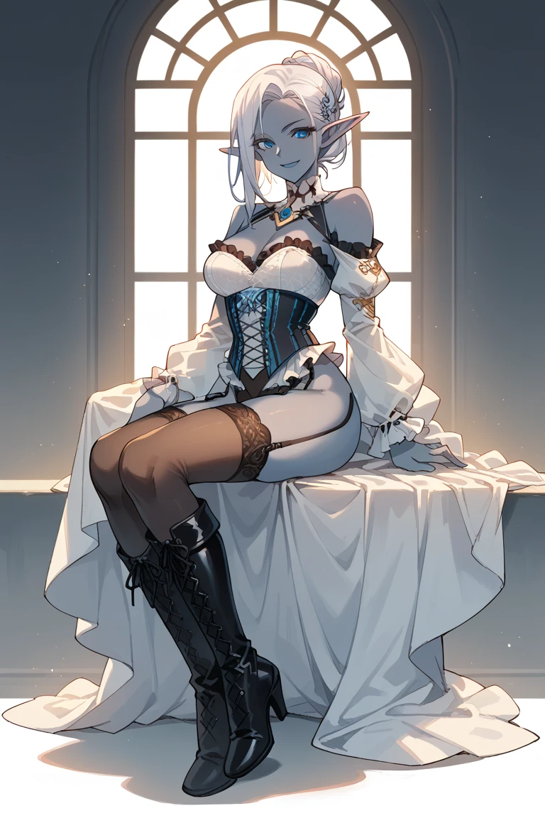 full body shot of a female drow princess, in the style of dark purple and white, ethereal black and white, black and silver, dimly lit bedroom, snowy village outside window, sylvana, pointy ears, stockings, bare legs, bare chest, corset, lace underwear, tiara, jewelry, earrings, braid, indoors, magic, dark skin, white hair, elf, short hair
