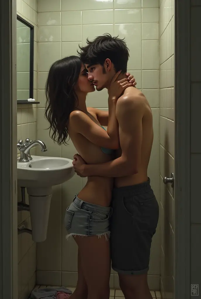 Gothic woman with perfect teenage body with curvy waist and big thighs and big butt with short red hair and glasses wearing sexy clothes and low cut blouse and string thong being kissed passionately on the mouth by a young elementary school boy hidden in a bathroom