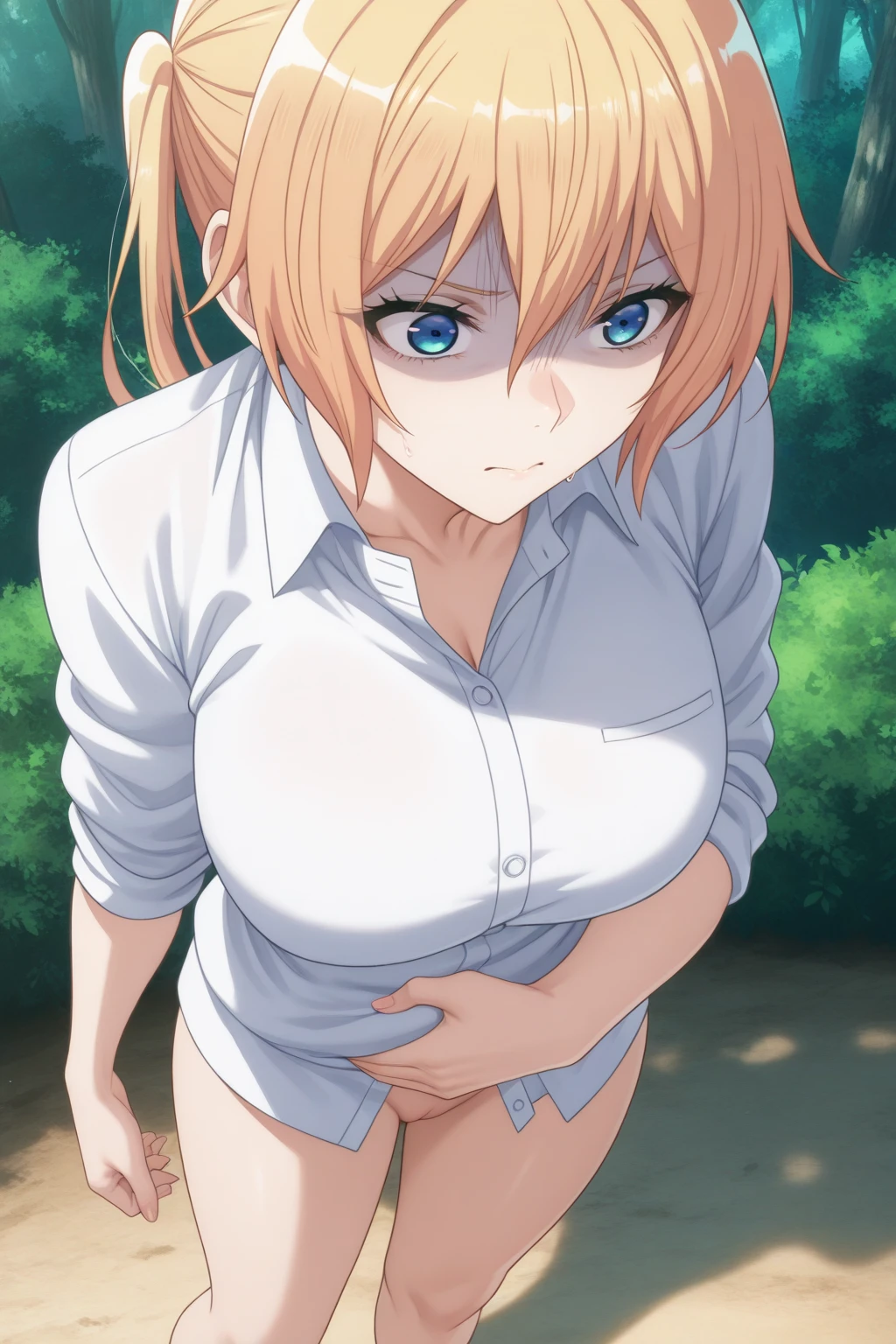 One girl,18-year-old,Perfect hands, Perfect Fingers,Perfect Anatomy, masterpiece, Highest quality,Realistic, hyperRealistic, 16k hdr, morning,Outdoor, From below,(Sweat:1.3),(blush),Large Breasts,Cleavage,Upper Body,(Leaning forward ,Kneel:1.2),My Favorite 、memcho、Blonde、