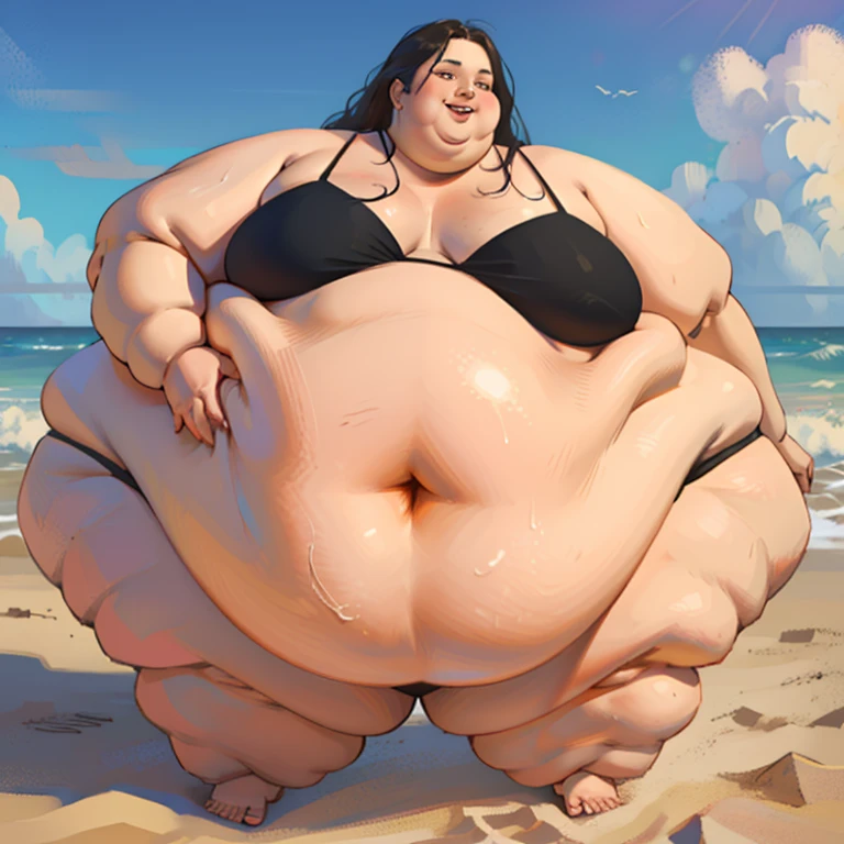 (masterpiece, best quality, highres, detailed, realistic:1.2), asian babe, USSBBW, (morbidly obese:1.3), (fatblob:1.3), immobile, detailed face, beautiful face, hair braids, happy, high aesthetic, looking over shoulder, quizzical expression, thong, bikini, from behind, beach, walking, surrounded by shocked people
