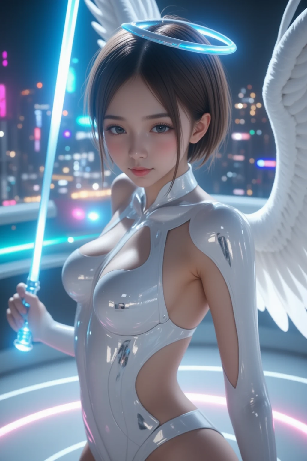 ((Highest quality、8k、masterpiece:1.3))，((Cybernetics and Bondage、Angel、Prayer Pose、nude、Pubic hair))、Image color is white、((Mechanical Wings))、Japan Maiden，((Full body portrait)),Best image quality，Ultra Clear，The facial features are delicate and clear，Exquisite detail，Slim body、Small breasts、Small Ass、Upright pose、Black Hair、Bob Style、Cropped bangs、Anatomical、Facial muscles、elegant、Beautiful background、Octane Rendering,Cathedral