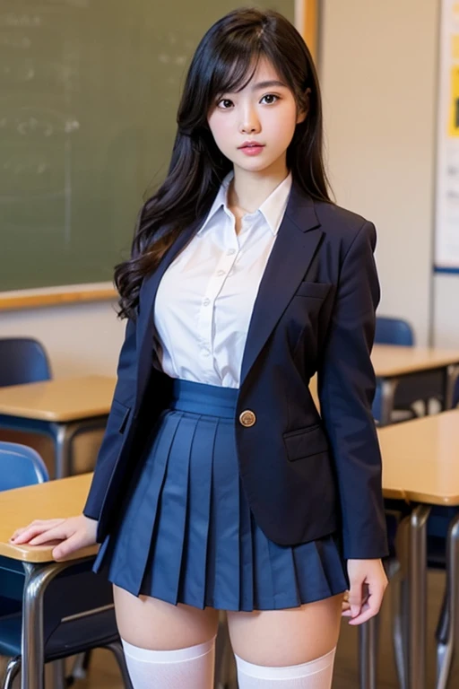 Ultra-high resolution，RAW Photos，Professional Lighting，16K quality，Very detailedな肌と顔の質感，One girl lifts her skirt to show off her panties，Blue blazer uniform and tie，Blue pleated mini skirt，white thigh high stockings，セクシーなShowing panties，Raise the skirt with both hands，Sexy pose，Best portraits，Spread your legs，Showing panties，Large Breasts，Very detailed，A beautiful girl，Supermodel，Shiny long hair，cute，Night Classroom