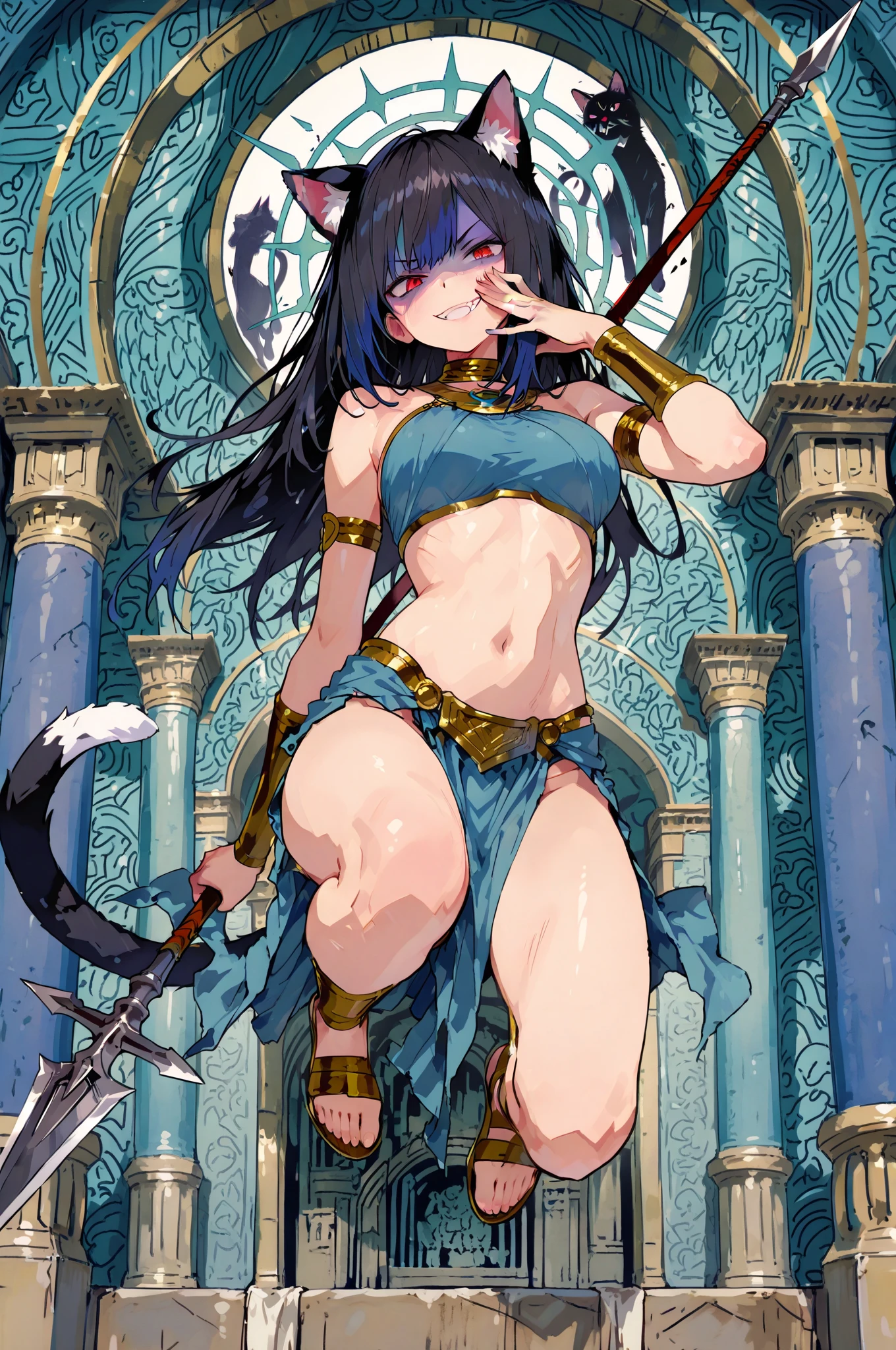 Zara, a gigantic 62-meter Amazon queen, emerges from the dense jungle at dawn, her tanned skin glowing in the light of the rising sun. Her long, braided hair, adorned with exotic flowers, falls over her shoulders and back. Standing in a clearing surrounded by trees, her posture is majestic and seductive, one leg up on a rock, one hand on her hip, the other holding an ornate spear. His eyes, full of determination and desire, gaze at the tiny humans at his feet, fascinated by his imposing figure. Her lips curl into a confident smile, and her muscular, perfectly sculpted body radiates an aura of eroticism and primal power, enveloping all present in a spell of submission and utter admiration.