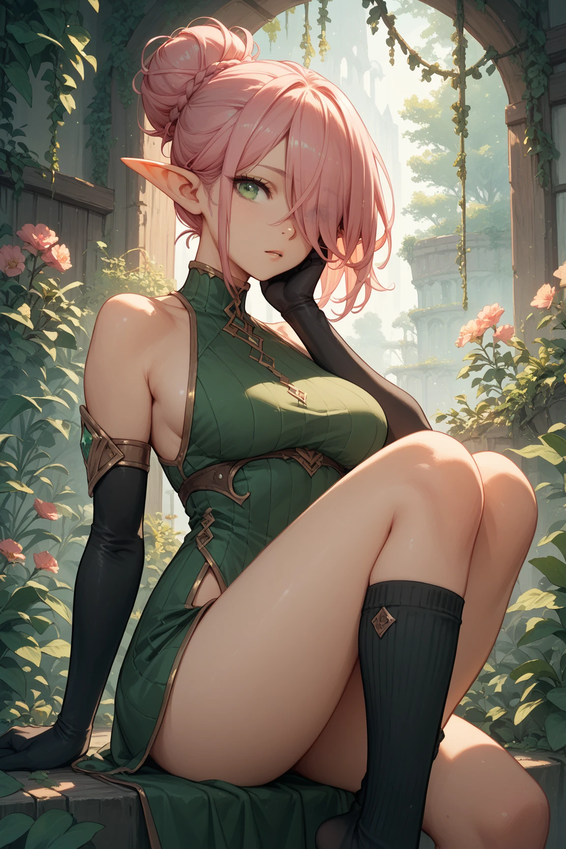((Spring Flowering Forest, realistic, detailed hair)), absurderes:2.0, Unity 8K Wallpaper, Masterpiece, Realistic face, high detailed eyes, Realistic skin feeling ,high detailed eyes, highly detailed, realistic glistening skin, detailed background, oily skin, (high-key lighting、Front Light:1.3、 dramatic angle), (solo, sexy ,25 year old elf、fantasy world、Fantasy clothing、short hair), glossy lips、pink hair