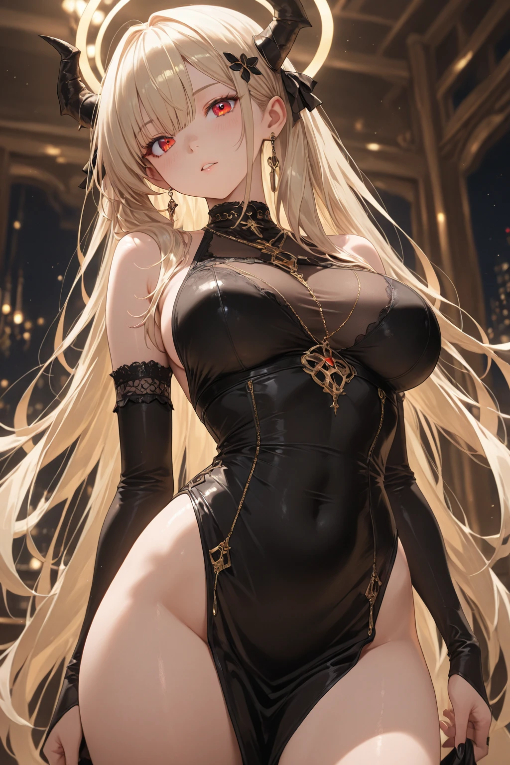 top-quality、hight resolution、detaileds、Beautiful Girl of the Demon Tribe、Long Blonde Hair、Sexy black dress、Majestic Western Castle、dim room、red eyes、