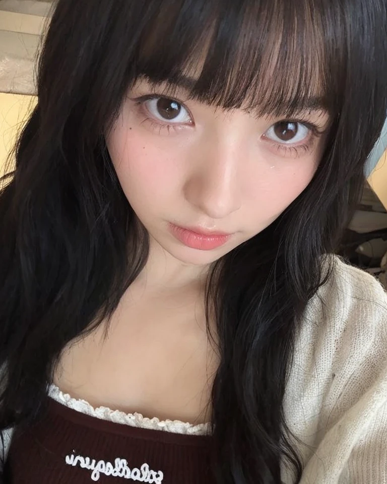 ((Selfie 1.6))、front、Close-up face、Straight hair、｟Looking into the camera｠Brown Hair、With bangs、Highest quality, Masseter region, Ultra-High resolution, (Realistic:1.4), RAW Photos, High resolution, High resolution, masterpiece、30-year-old woman、In the apartment