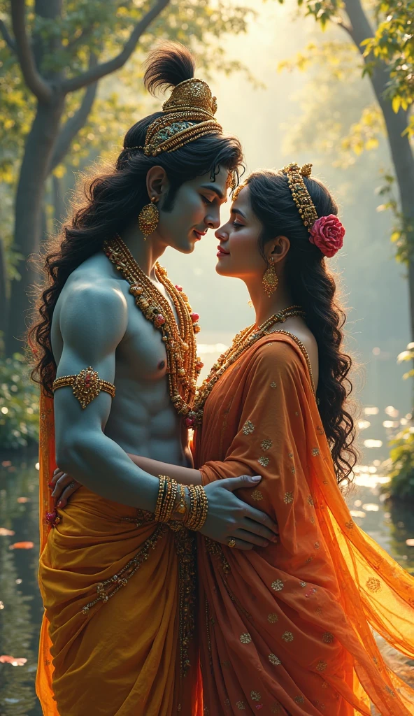 Radha Krishan in forest, create high quality realistic image, Landscape of a forest, bight sky, vibrant colors, looking with smile, environment is background is of garden, image should ultra clear, hyper realistic, high quality 4k
