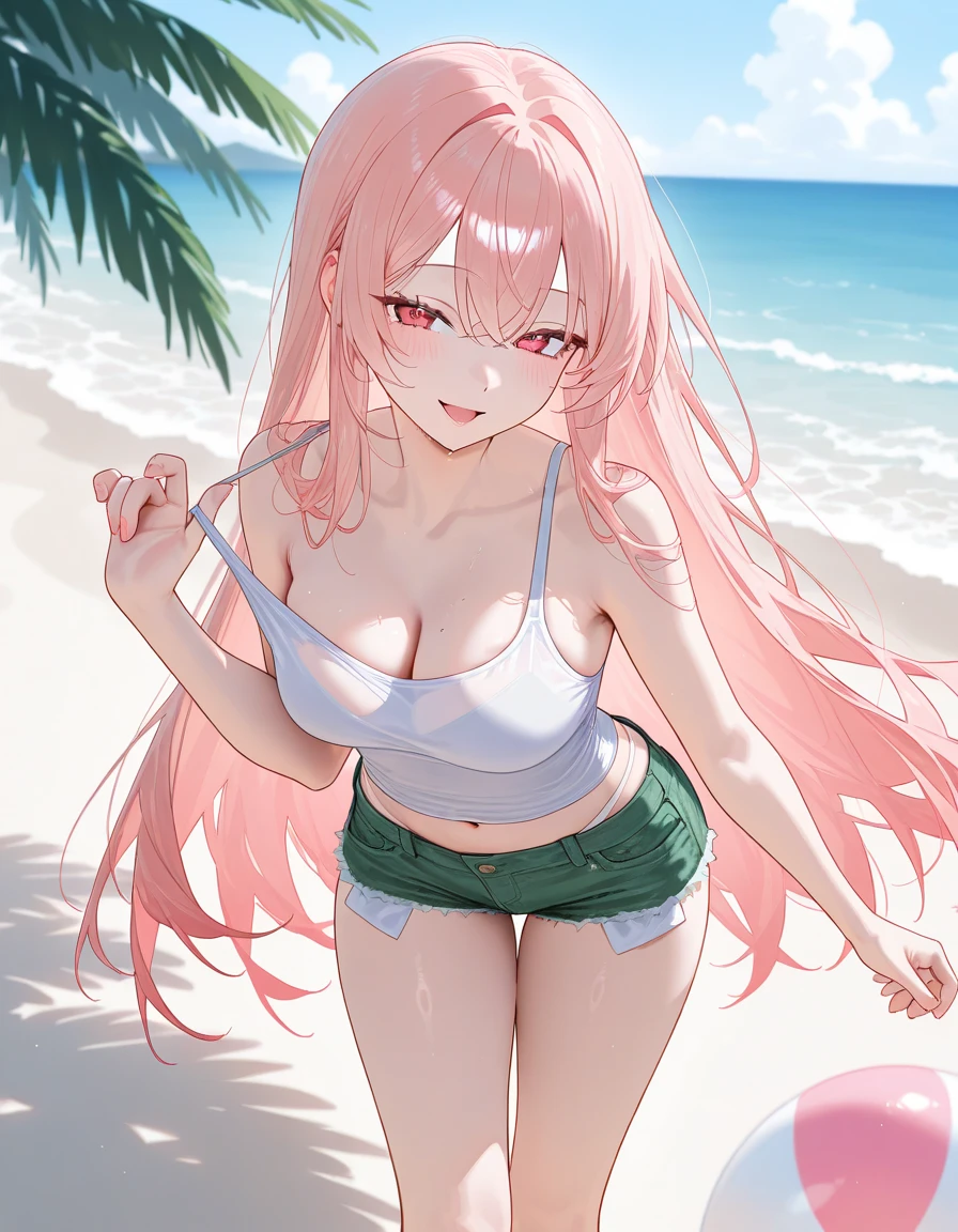 shikimori, medium breast, slim legs, sunny day, Beach, leaning, beautiful eyes, green eyes, nervous