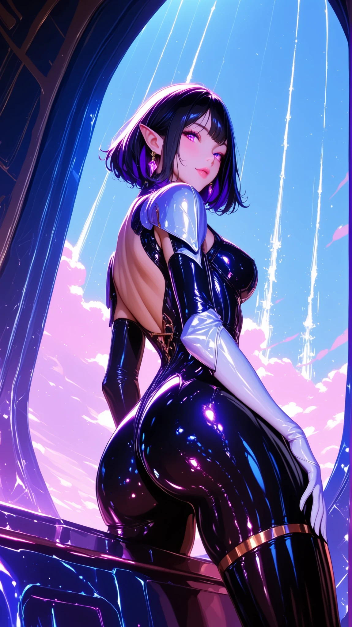 soft outlines, soft body, succubus renegade villainess, , thighhighs,, elbow gloves,glowing black hair, twin drills, korean, small breasts, slim figure, full body, moonlit night, in a hall, on an airship, bombshell hair, muted pink hair, pixie cut, standing<lora:EnvyBeautyXL02:1>