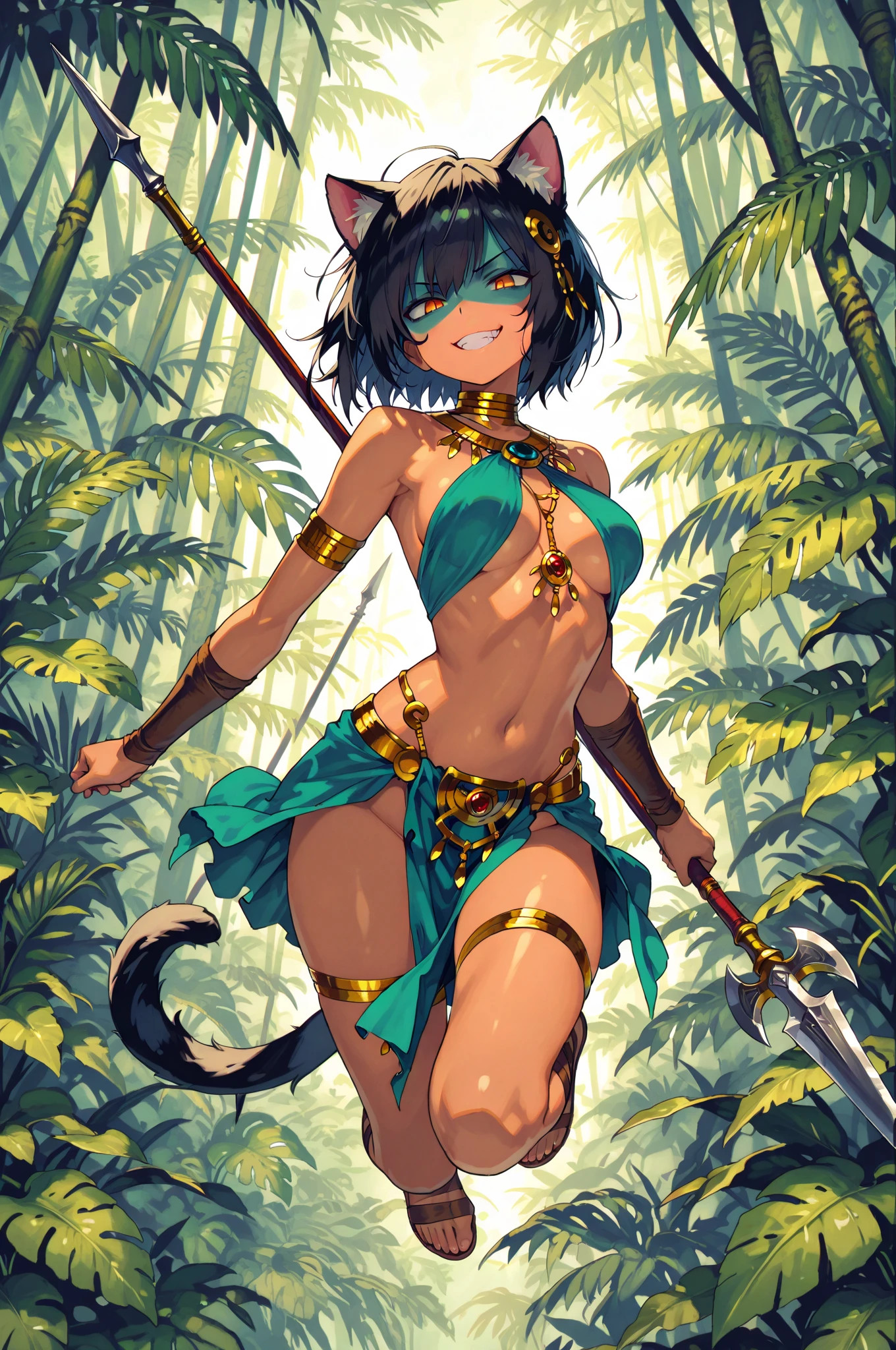 solo, female, sfw:1.2, medium shot, strong, tall, thin, bronze skin, long black hair, piercing green eyes, angular face, lips, necklace, smile, fit, pose, flawless skin, curved sword, desert, scorpion girl, girtablilu, from the waist up, dark orange legs, leather bikini armor