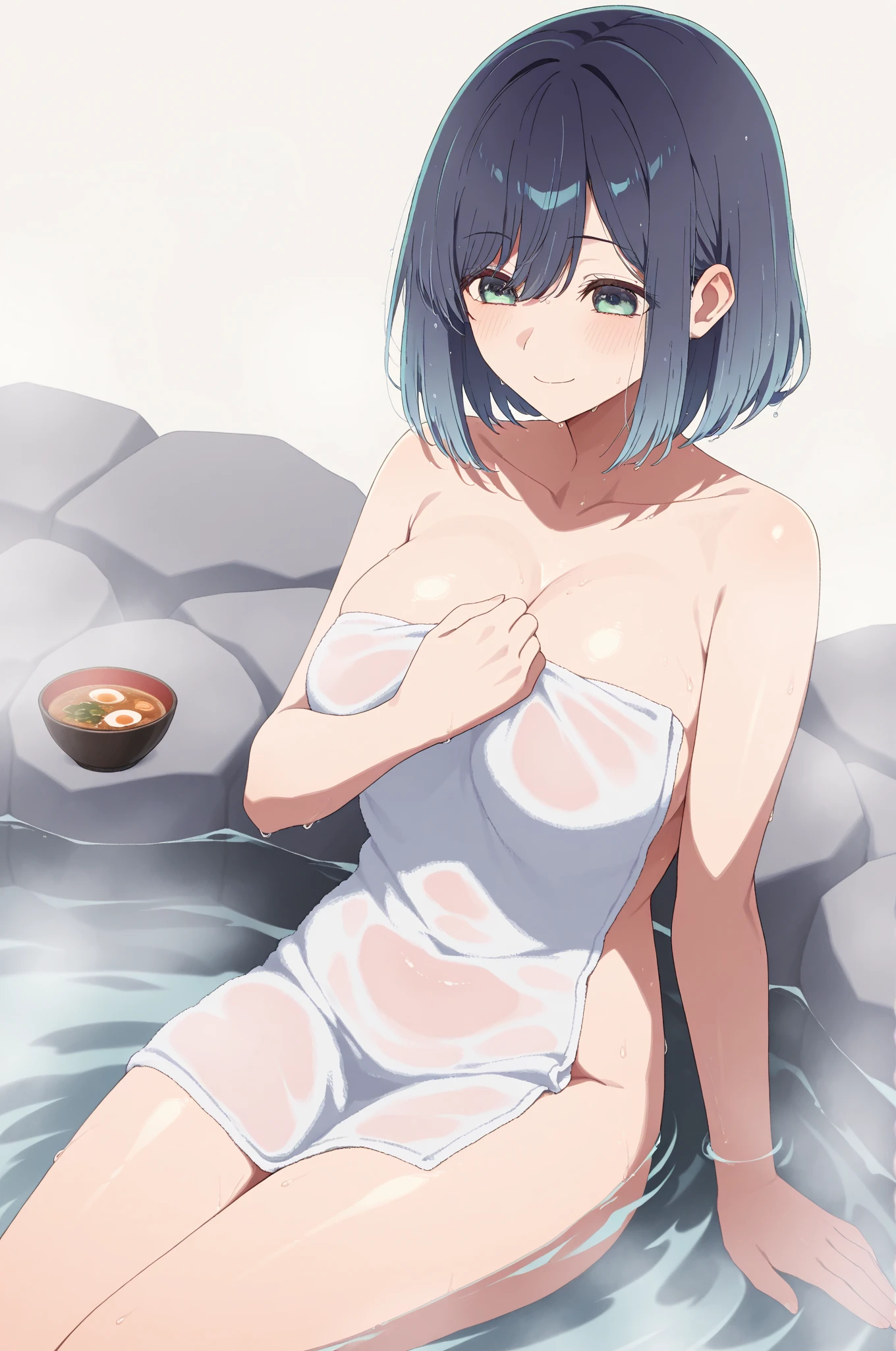 HAZUKIYUZUKO, BLUE HAIR, BANGS, SHORT HAIR, BLUE EYES,, (wearing nothing:2),cooking, empty eyes, ICE CREAM, large breasts, 1girl,, pool, sea, , blue sky, nipple Alone